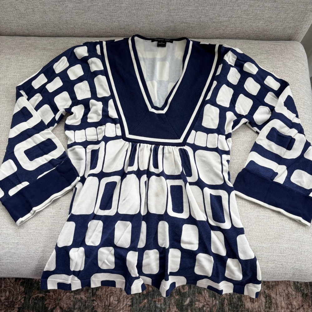 2000s Vintage August Silk Blend Geometric 70s Style‎ Top Navy Blue White Medium